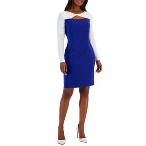 Large Colorblock Knot Neck Bodycon Dress Royal Blue White Pullover Stretch New